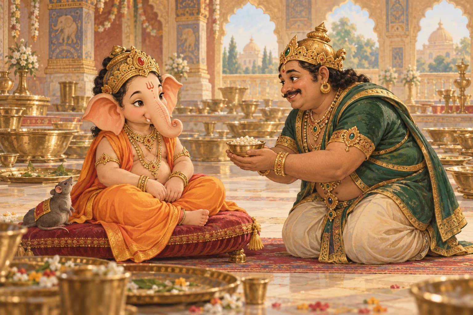 Kubera humbly offers a small bowl of rice to Ganesha beside the emptied feast dishes