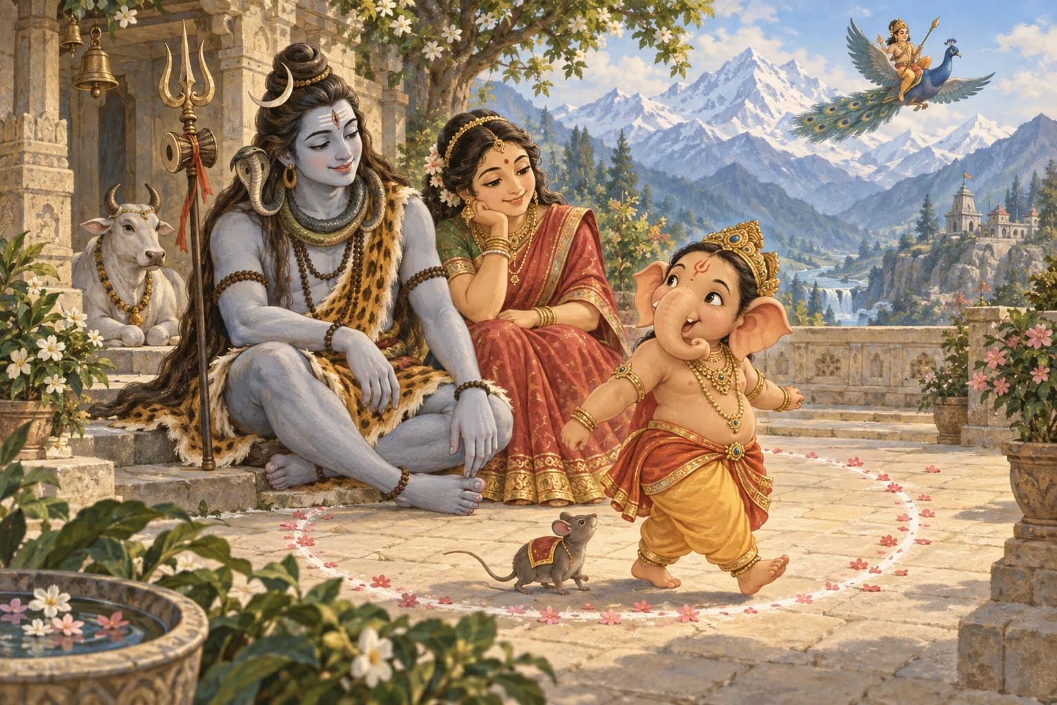 Ganesha circles Shiva and Parvati while Kartikeya rides a peacock in the distance