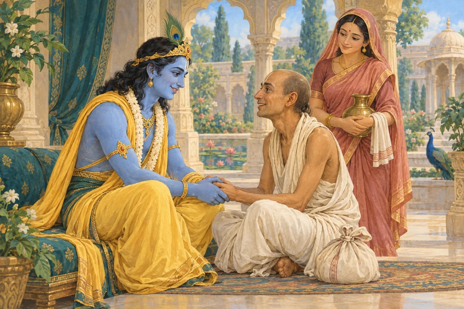 Krishna welcomes Sudama, holding his hands, with Rukmini and a little cloth bundle nearby