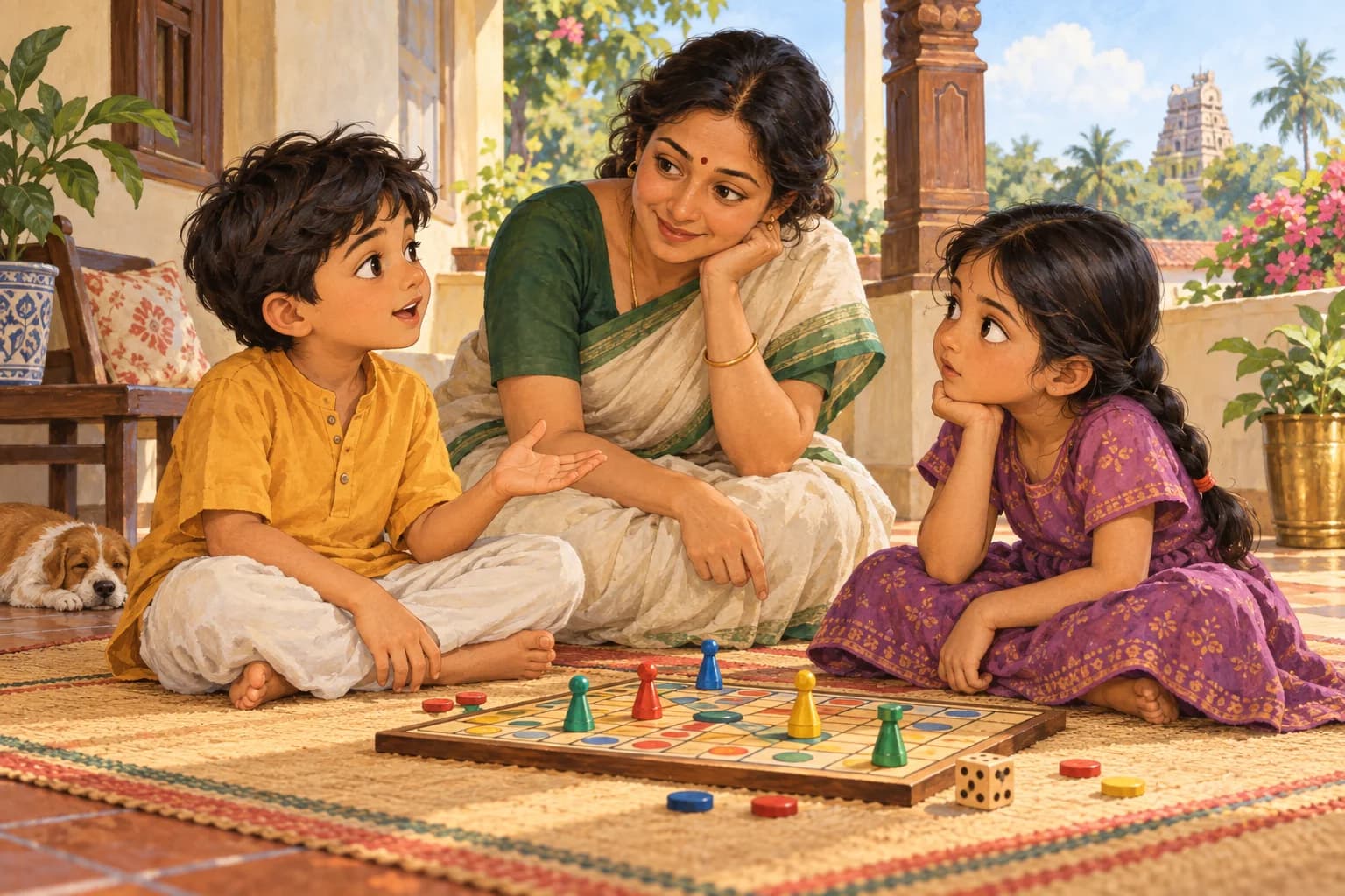 Children pause a game and talk calmly with an adult about taking turns