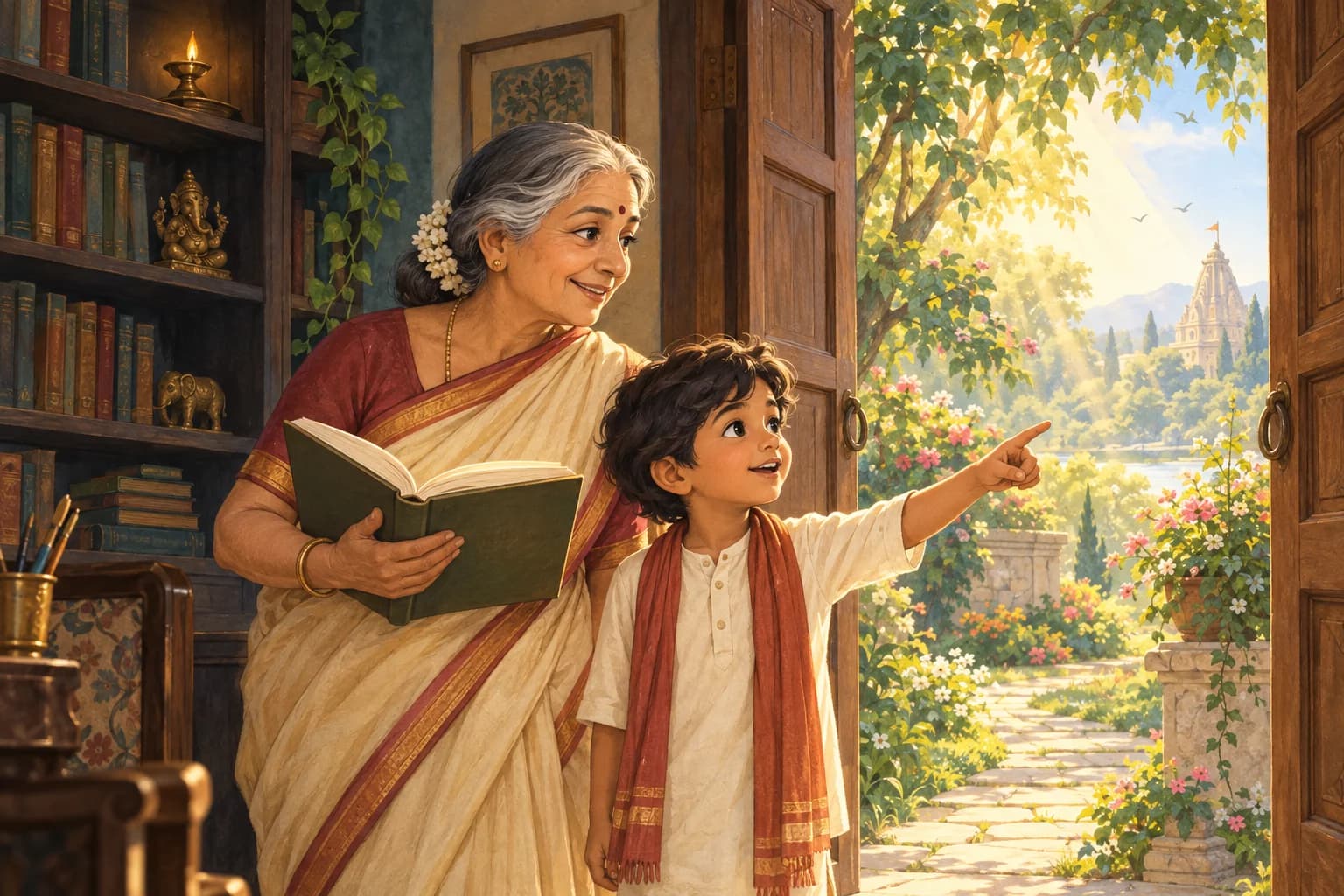 A child and grandmother look from a shaded room towards a sunlit garden