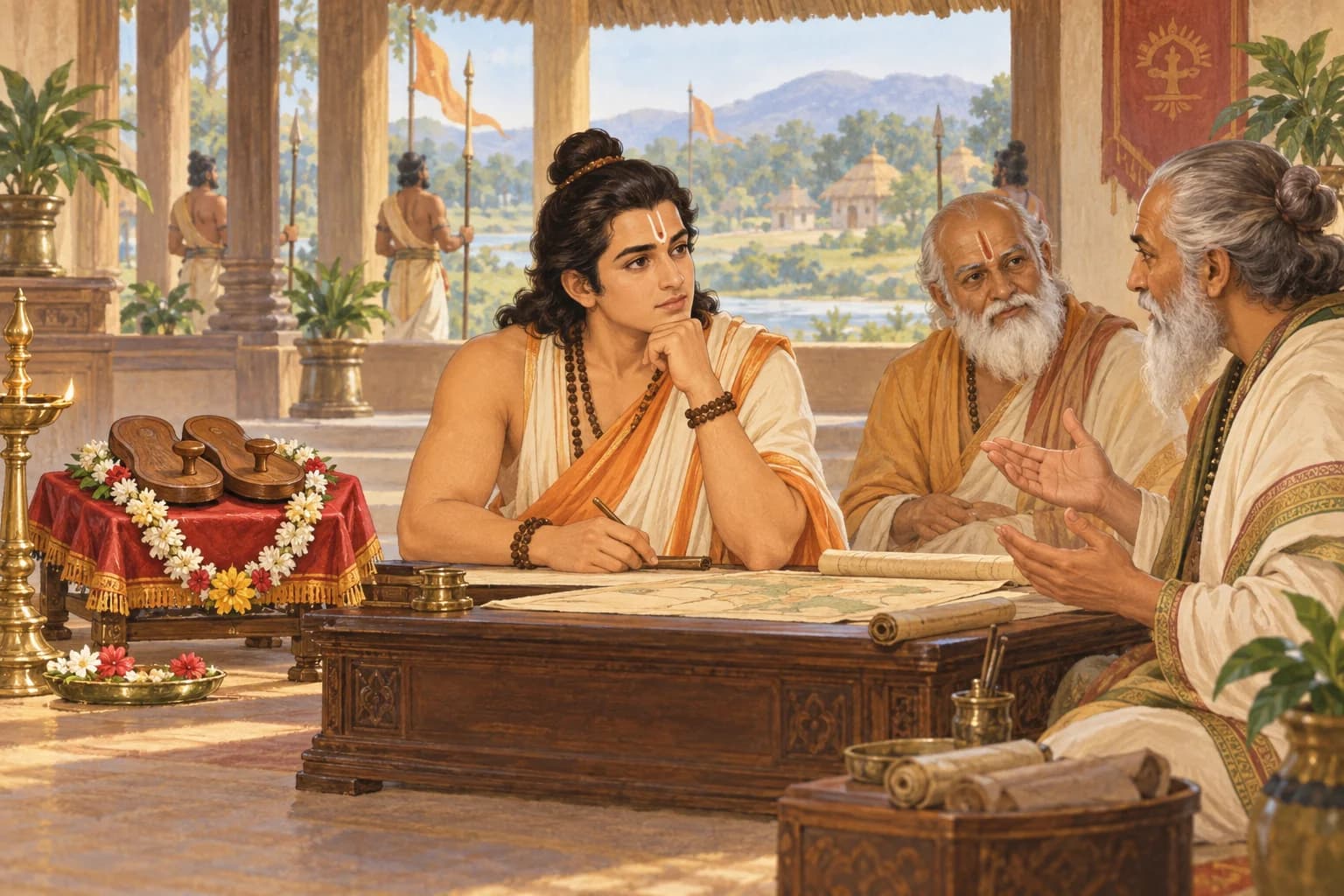 Bharata consults elders beside Rama’s honoured wooden sandals