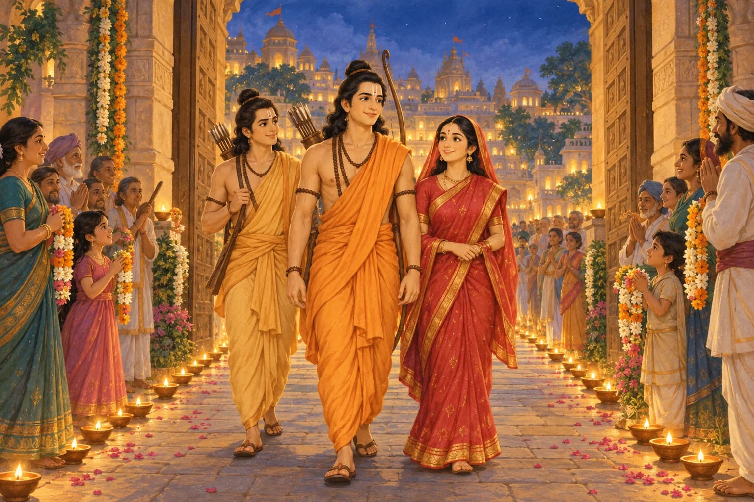 Rama, Sita and Lakshmana return to a lamp-lit Ayodhya