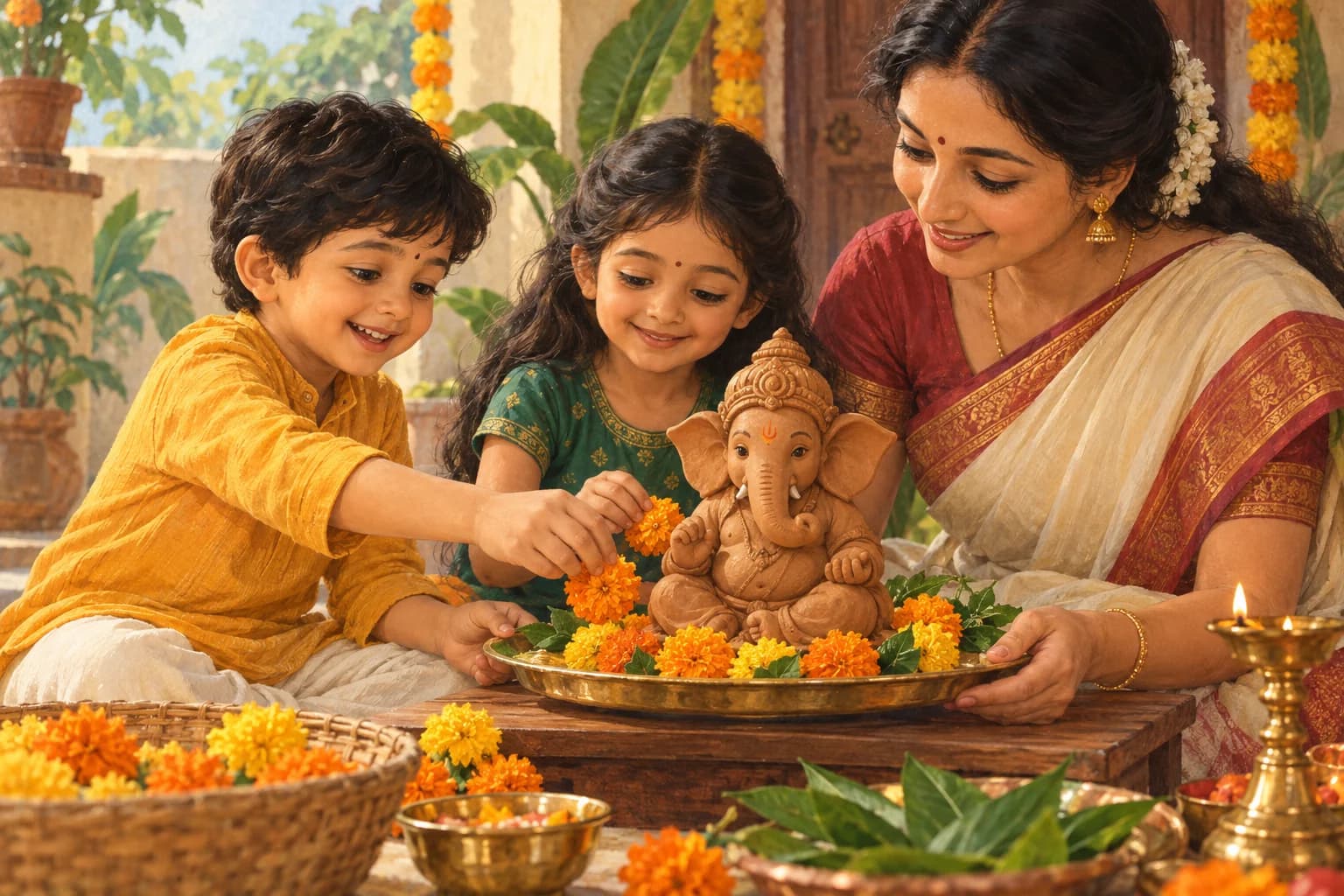 Children arrange flowers beside a clay Ganesha for Ganesh Chaturthi
