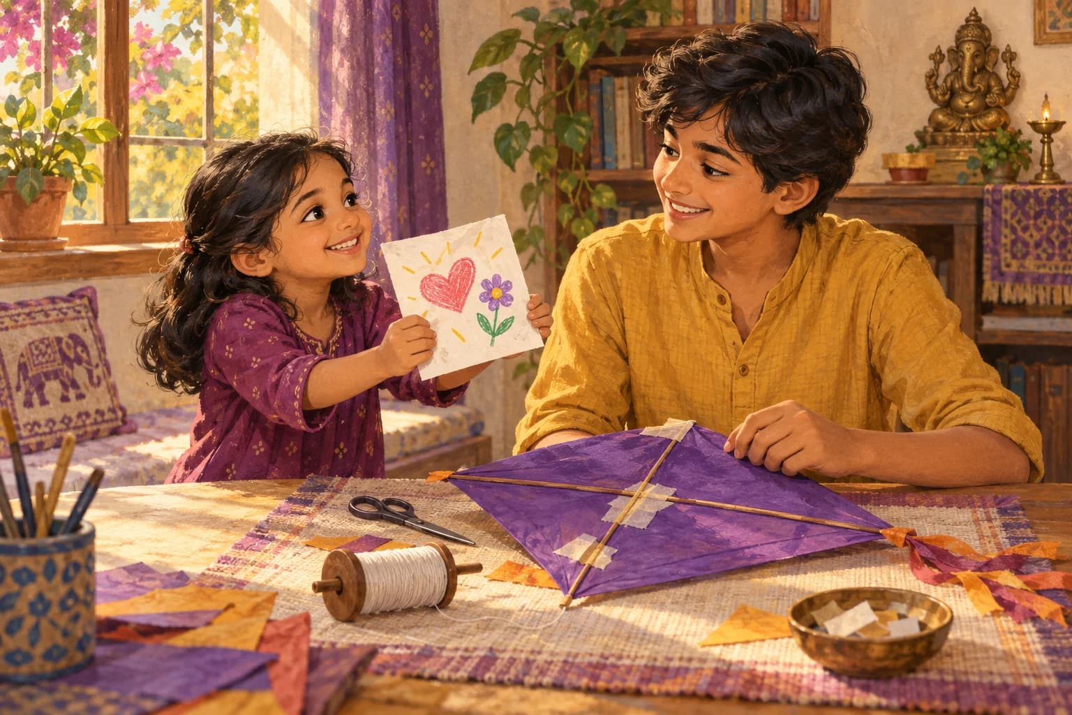 A child thanks an older sibling with a drawing beside a repaired kite