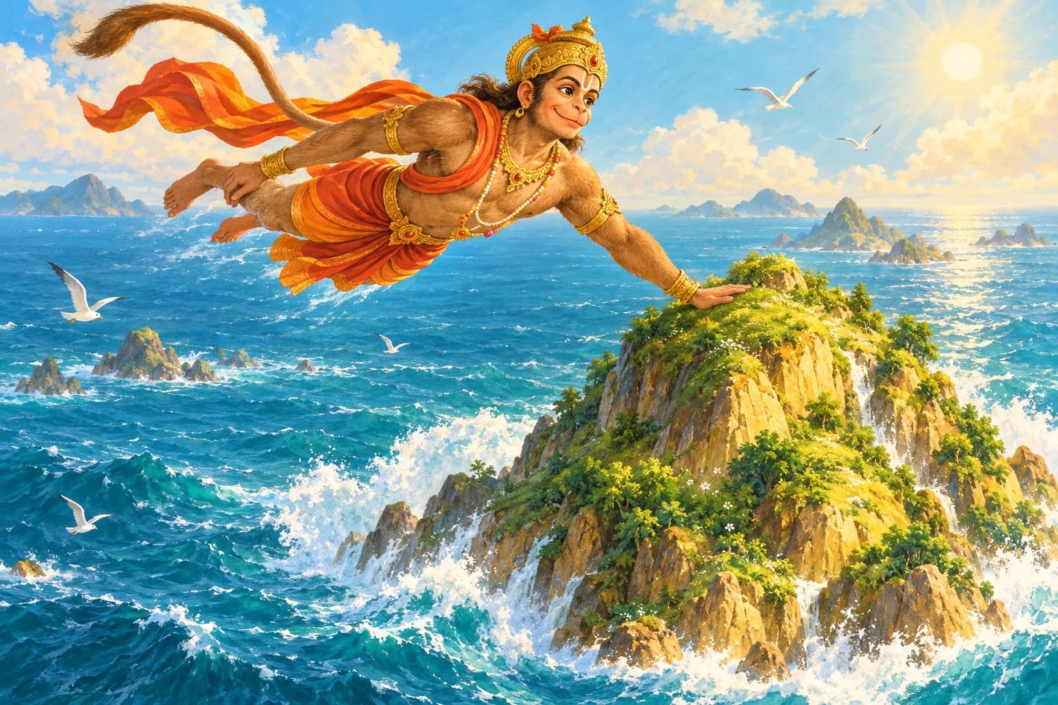 Hanuman touches Mainaka in thanks while crossing the ocean