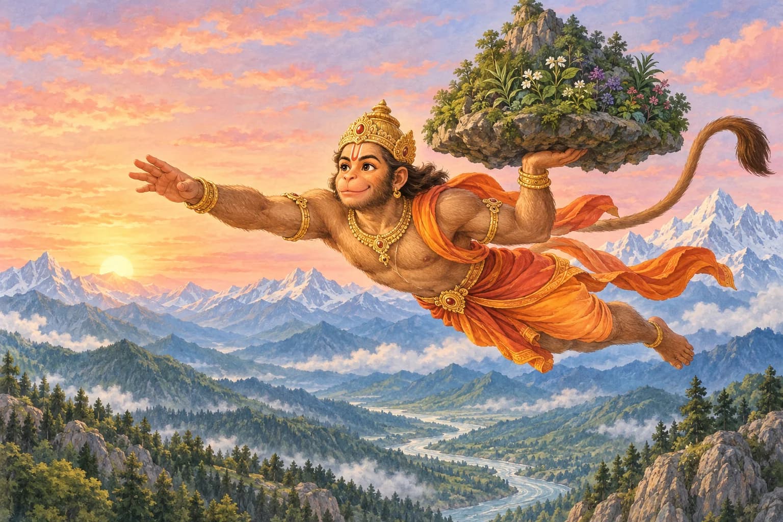 Hanuman carries a mountain of healing plants across the dawn sky