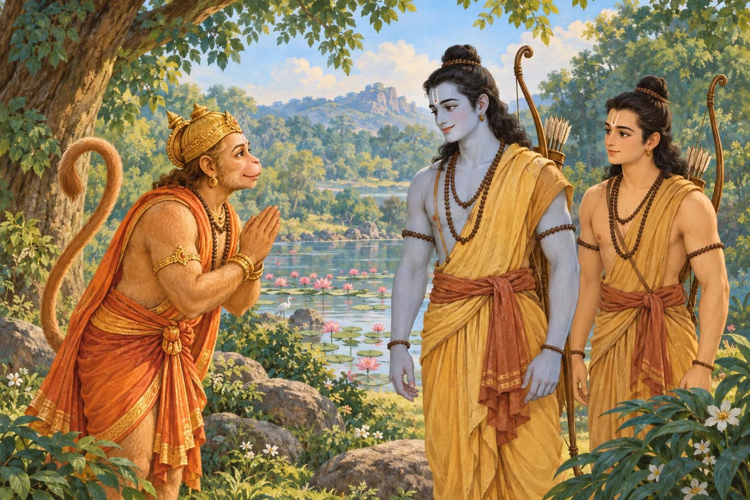 Hanuman greets Rama and Lakshmana beside a forest lake
