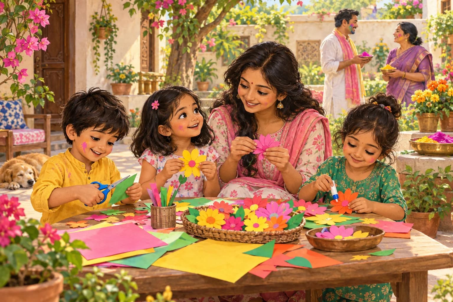 Children make a colourful paper garden together for Holi