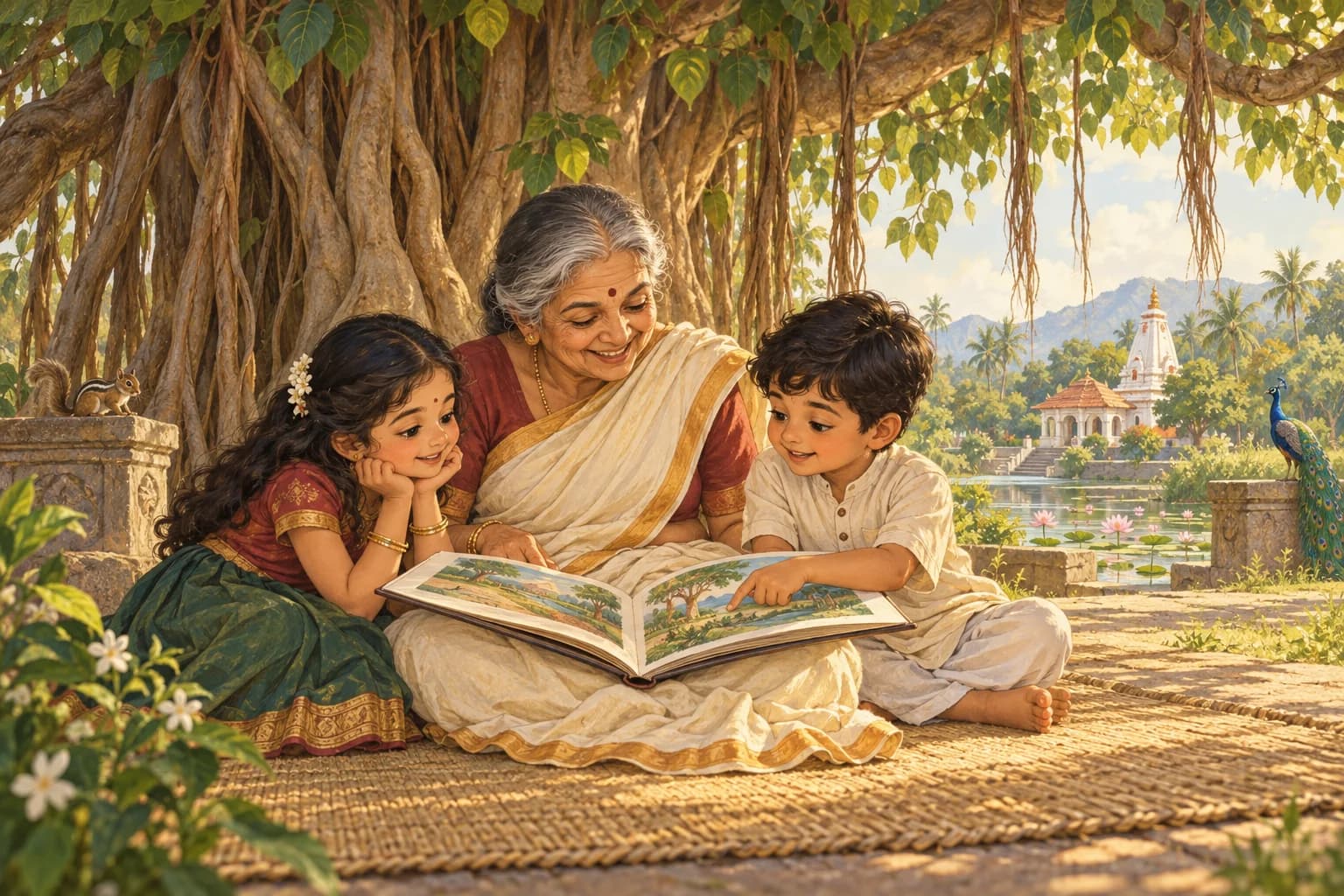 A grandmother shares a story with two children beneath a banyan tree
