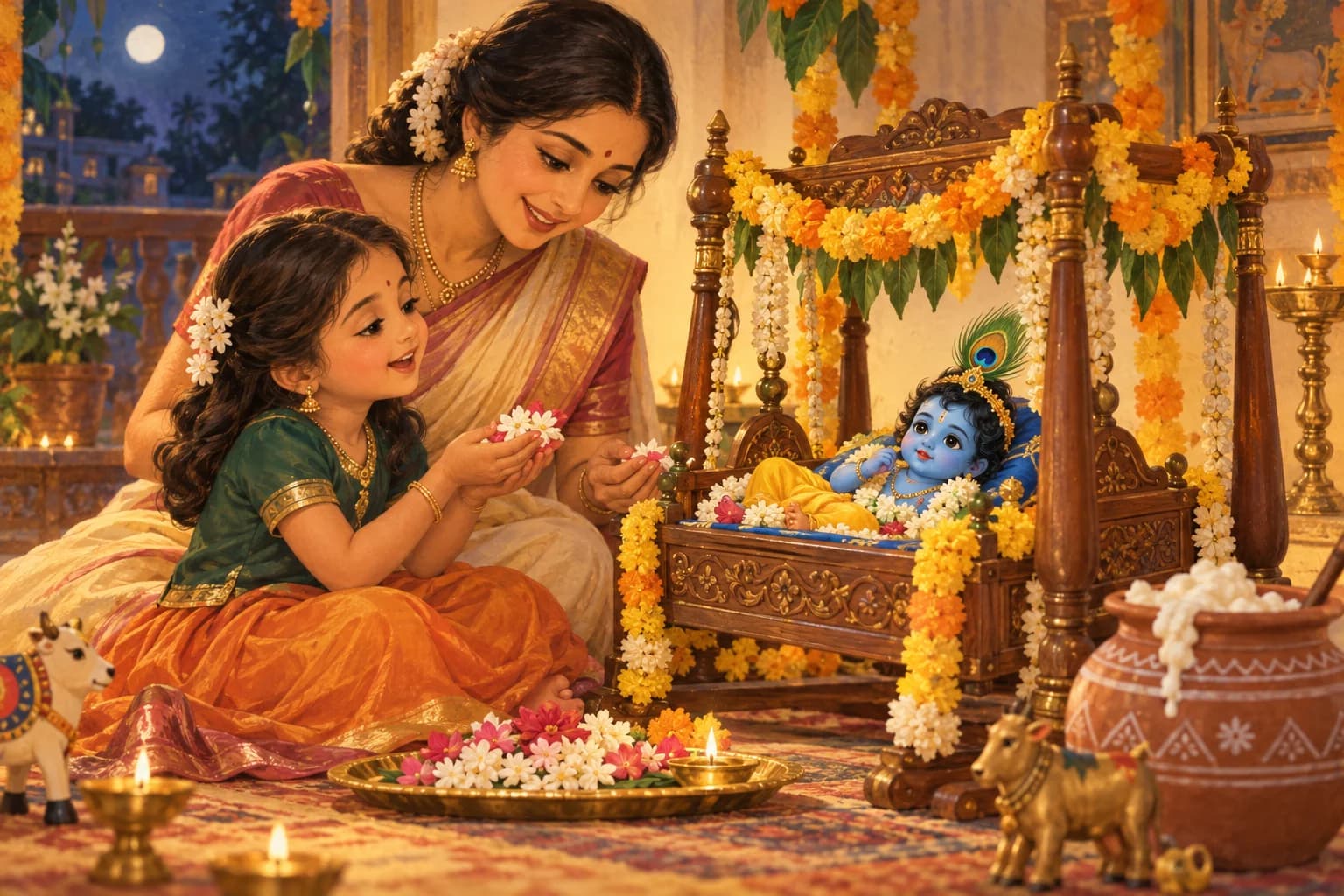 A mother and child celebrate Janmashtami beside Krishna’s decorated cradle