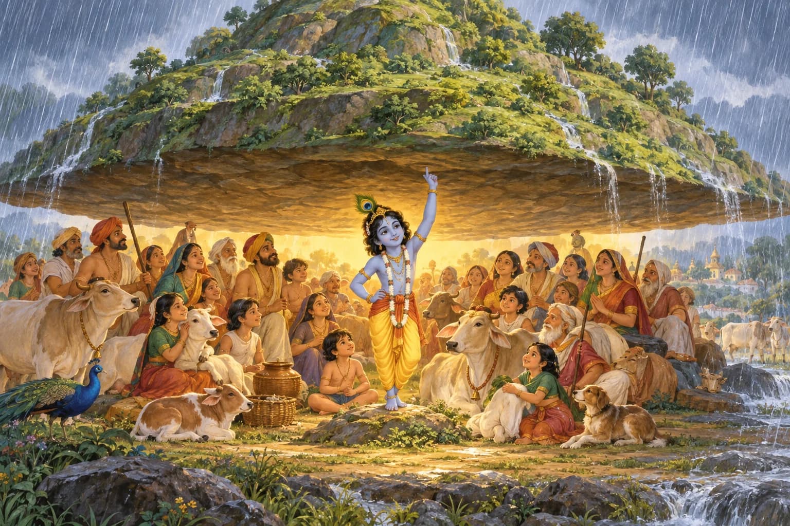 Krishna shelters villagers and cows beneath Govardhan hill