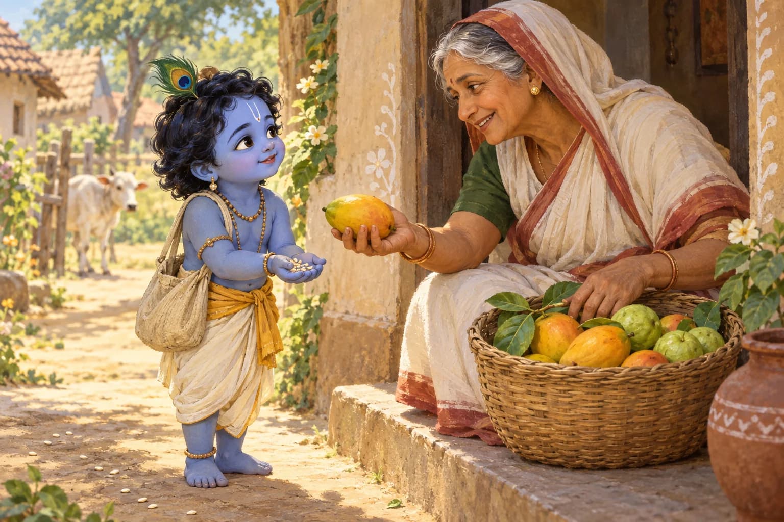 A fruit seller offers fruit to Krishna, who brings a few grains