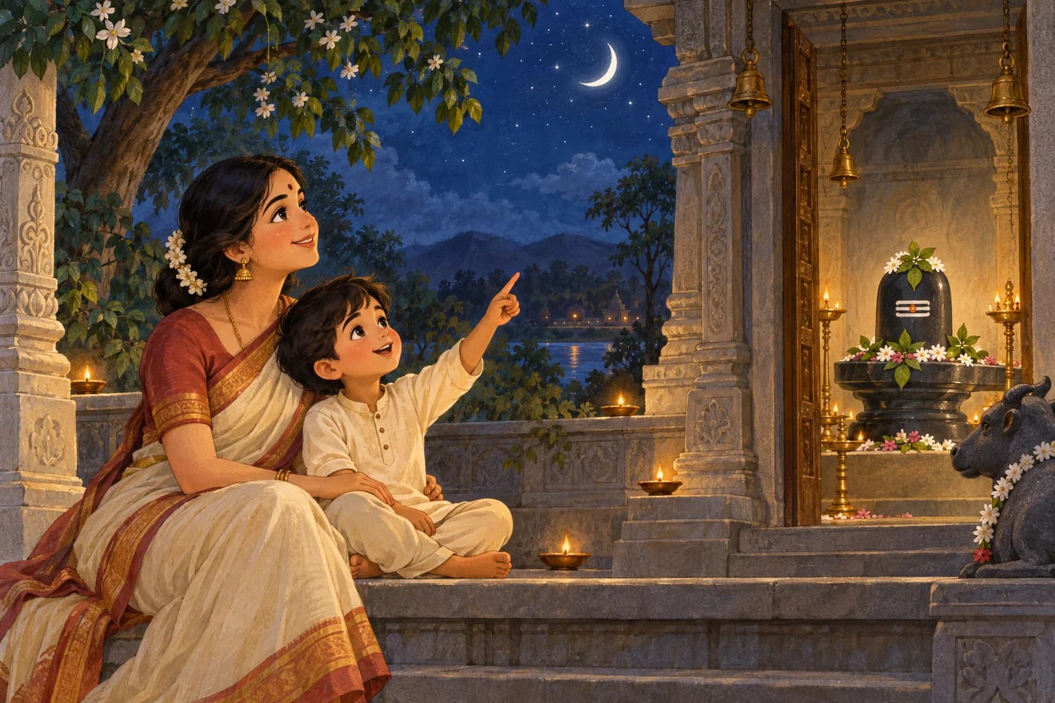 A parent and child share a quiet moment outside a Shiva temple at night
