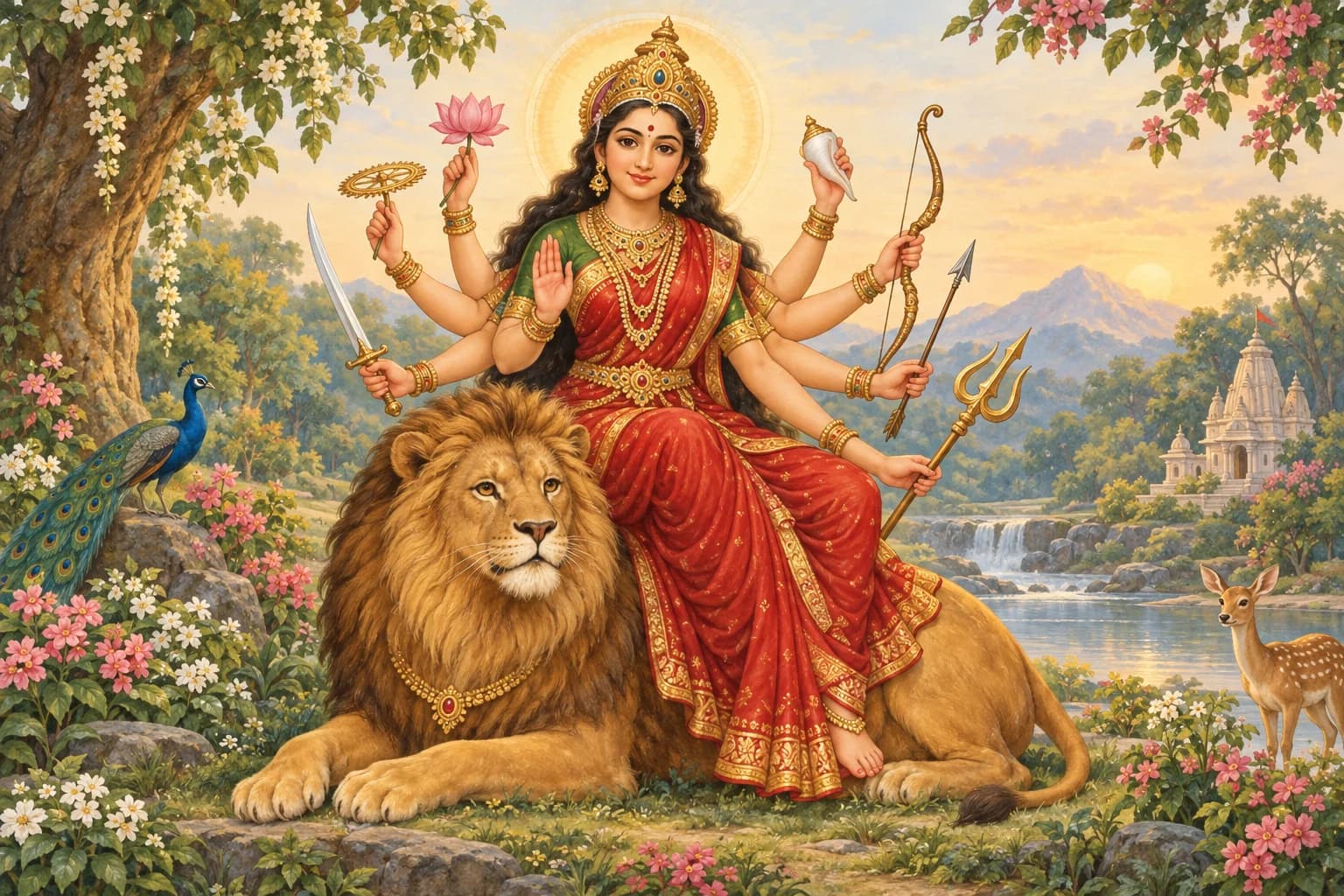 Durga sits peacefully on her lion, holding traditional symbolic objects