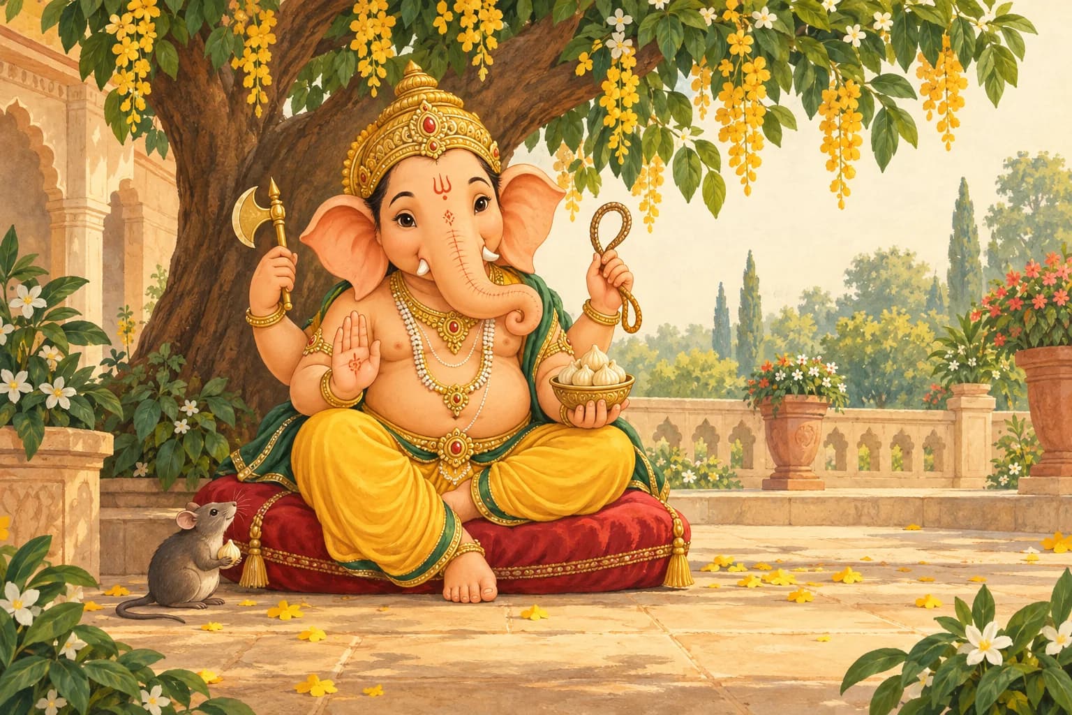 Ganesh Ji sits beneath a flowering tree with four arms, a bowl of sweets and a small mouse beside his cushion