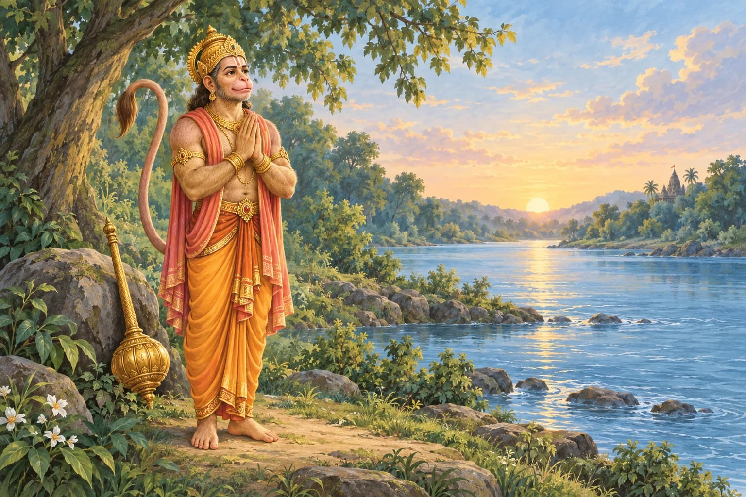 Hanuman Ji stands with joined hands beside a river, his tail visible and a gada resting against a rock