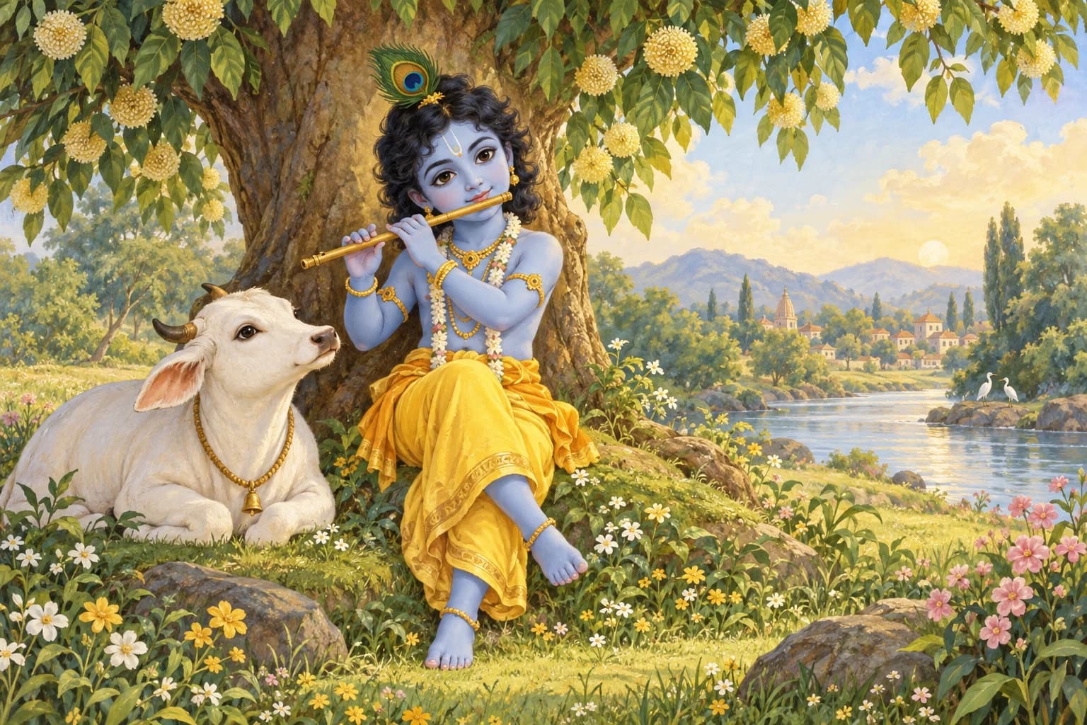 Shri Krishna plays a flute beneath a flowering tree, with a white cow resting near the river