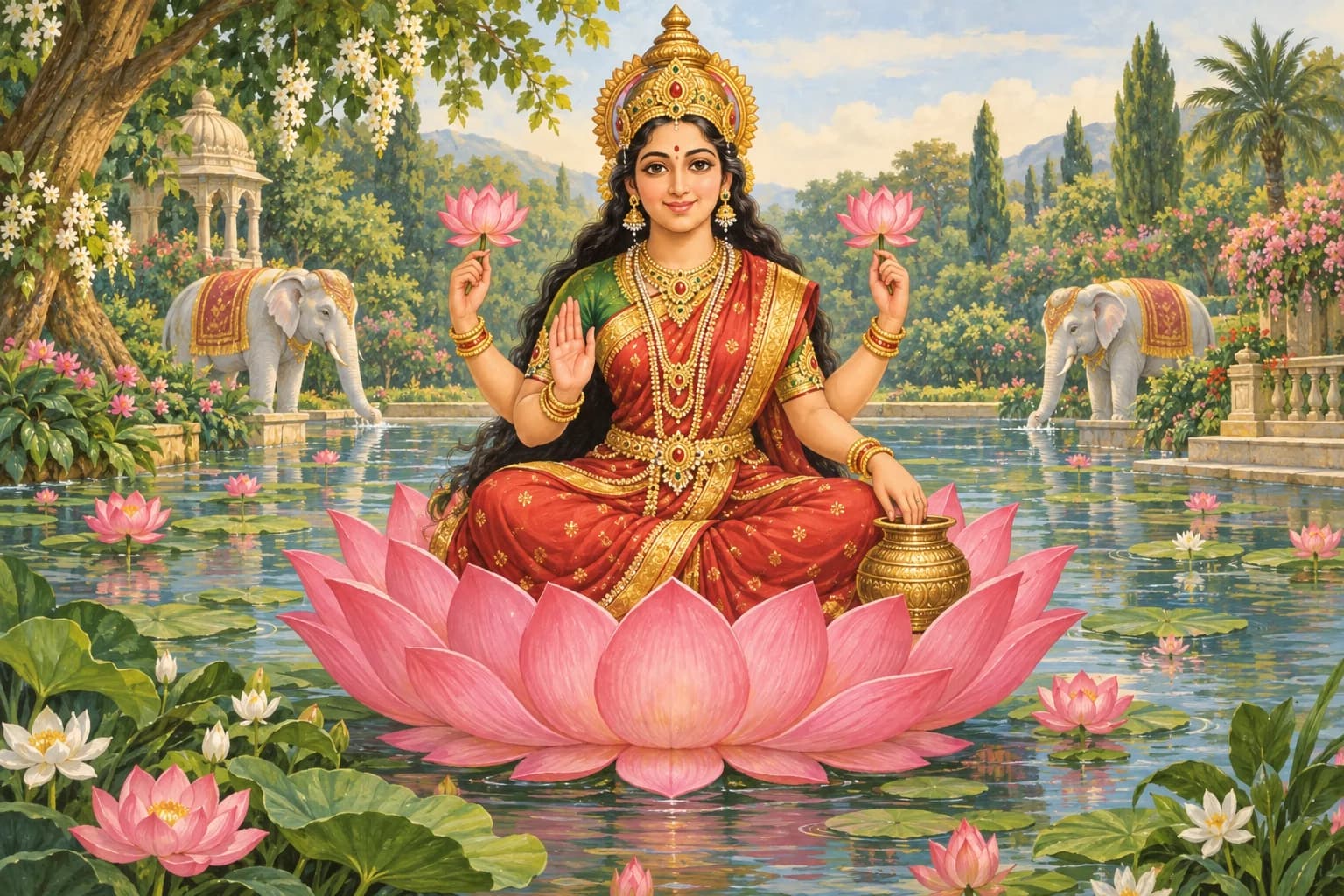 Lakshmi sits on a lotus in a flourishing garden with elephants by the pond
