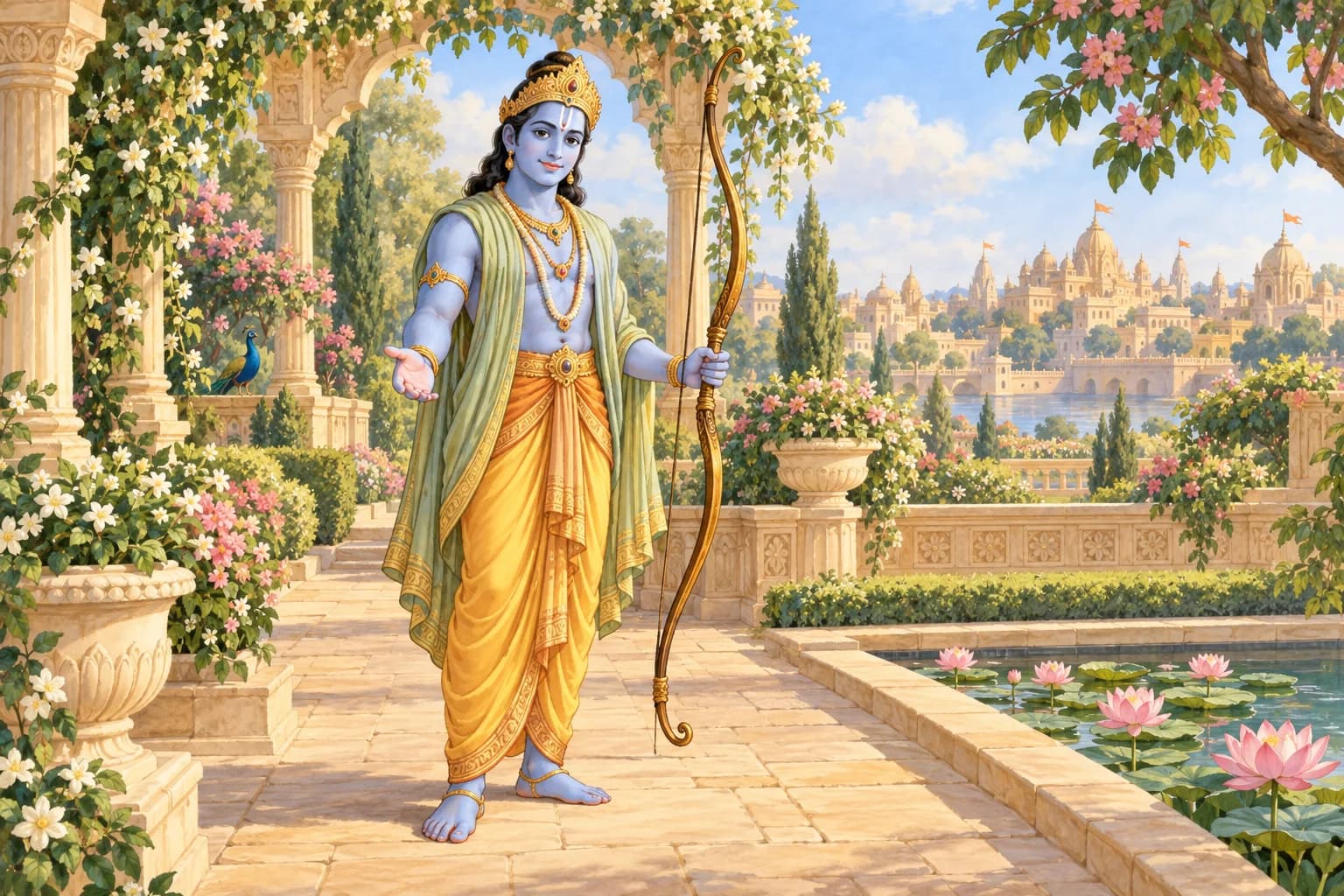 Shri Ram stands in a flowering palace garden with a bow at rest and an open welcoming hand