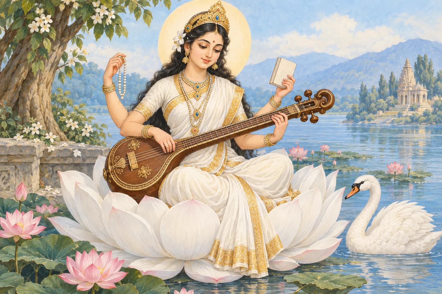Saraswati plays the veena with a book, prayer beads and a swan nearby
