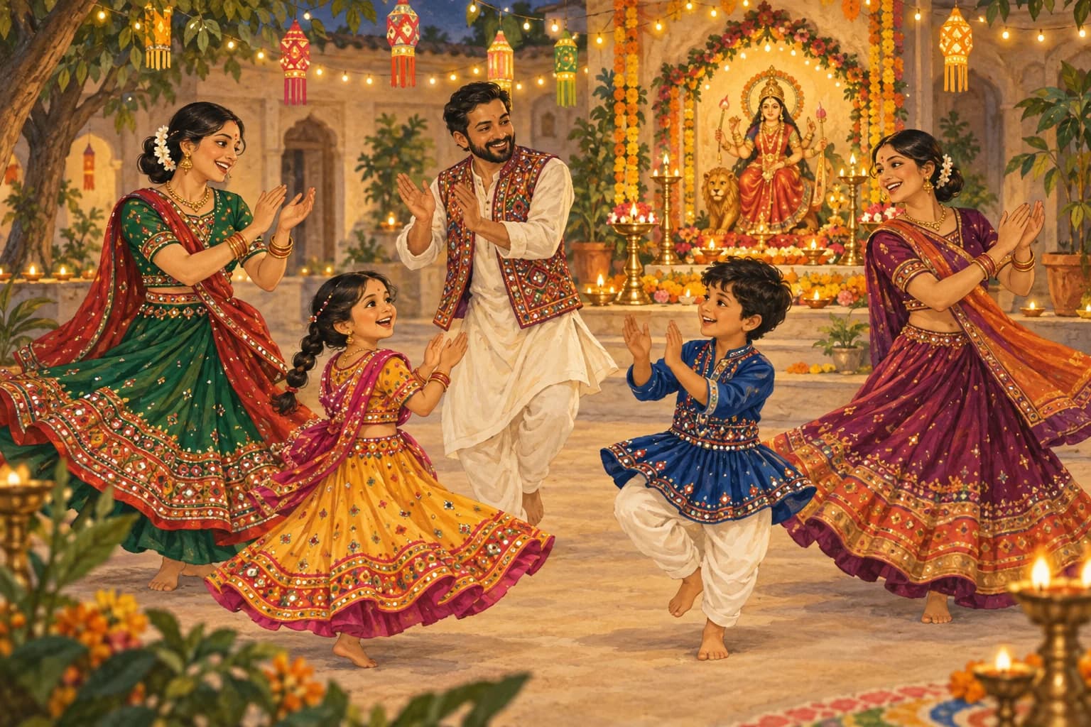 Children and adults dance garba in a Navratri courtyard
