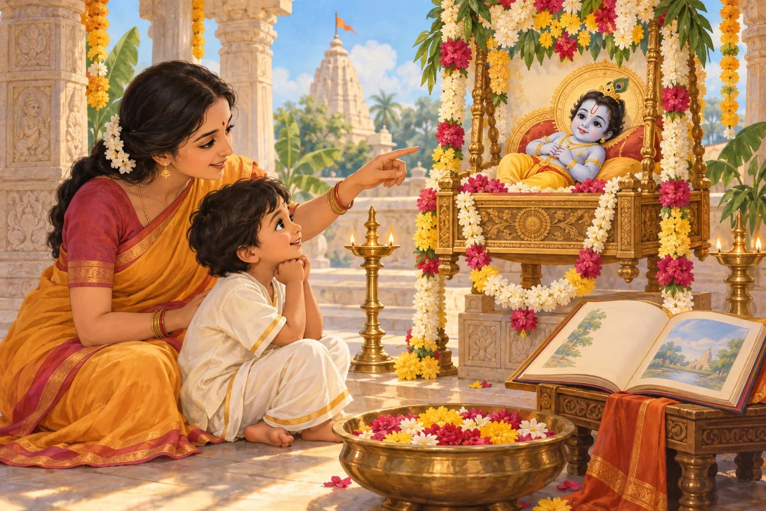A child learns about Rama Navami beside a flower-decorated shrine