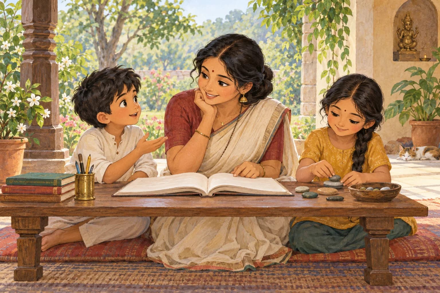 A teacher and children learn together in a shaded veranda