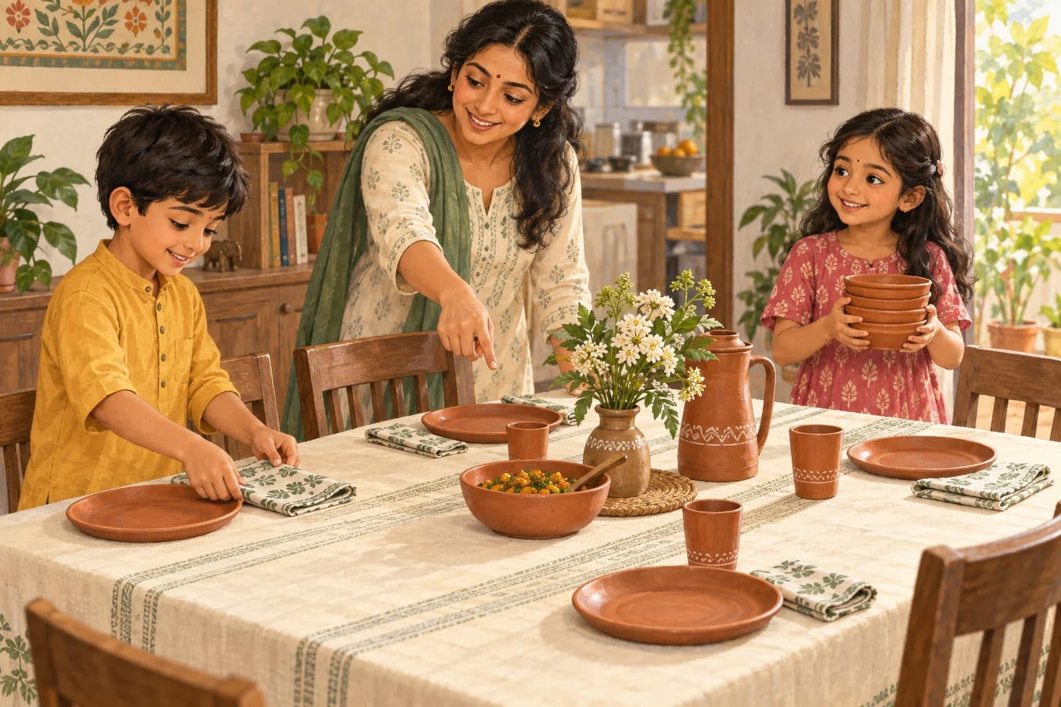 Children help prepare the family table with napkins and bowls