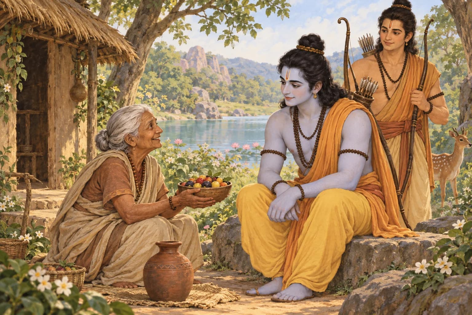 Shabari welcomes Rama and Lakshmana with water and forest fruit