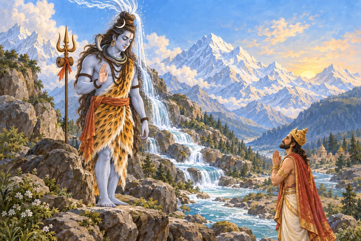 Shiva receives Ganga in his hair as Bhagiratha watches