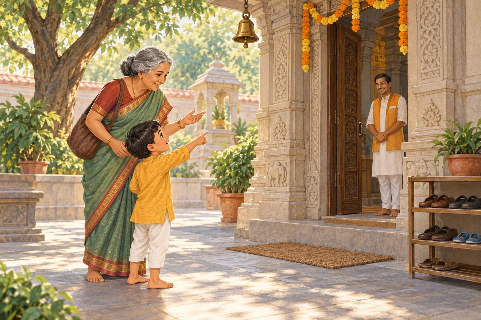 A child and grandmother pause beside the shoe rack at a mandir courtyard while a volunteer welcomes them