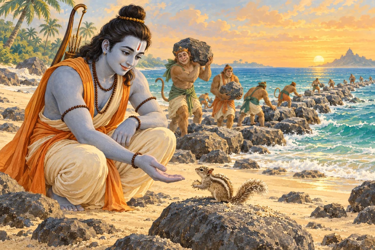 Rama reaches towards a sand-covered squirrel as vanaras build the bridge behind them