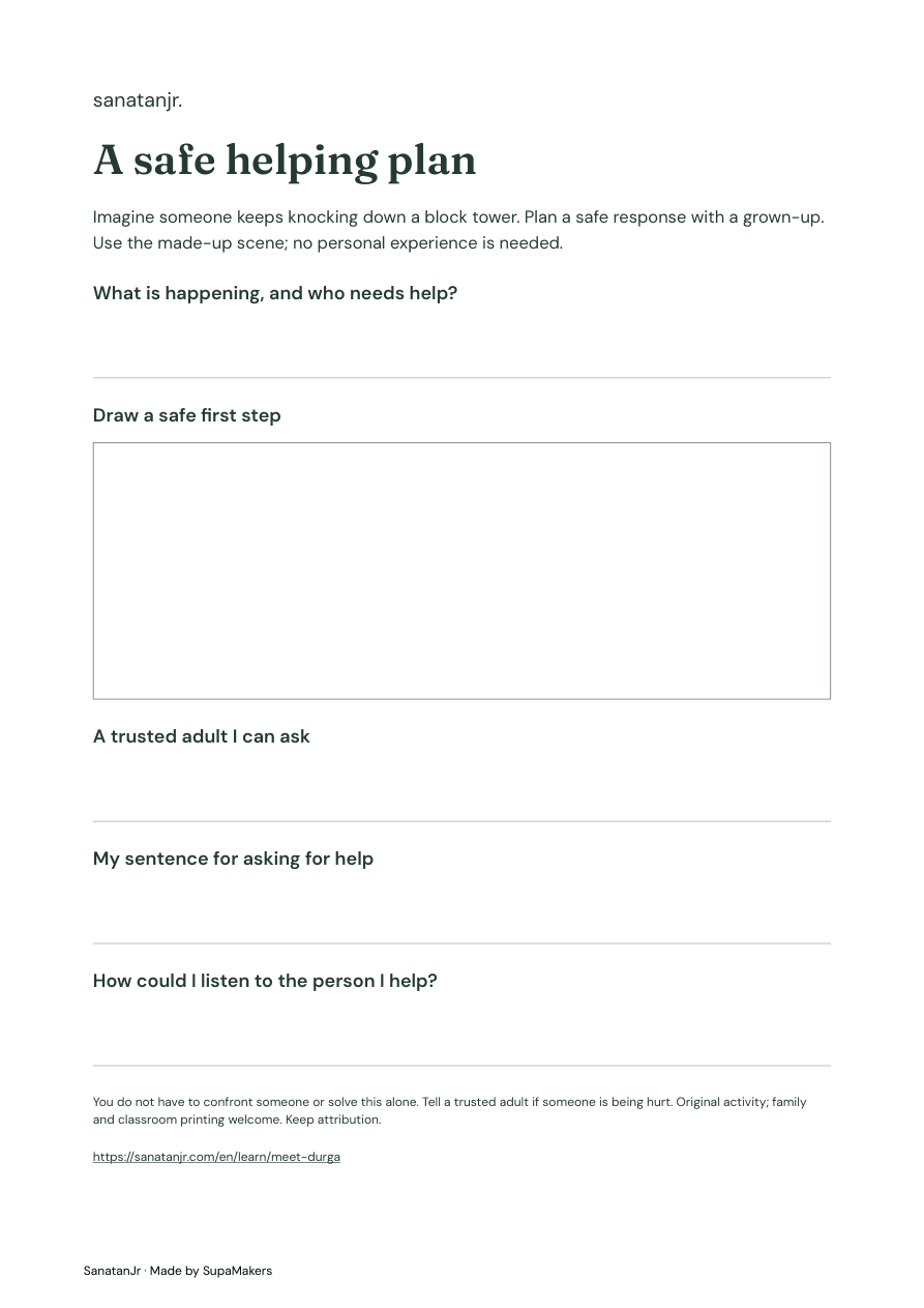 Helping worksheet with a safe-step drawing area and prompts about adult support and listening