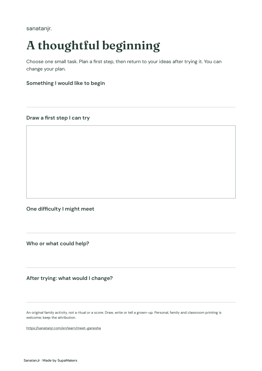 A planning worksheet with a first-step drawing space, a possible obstacle and a person to ask for help