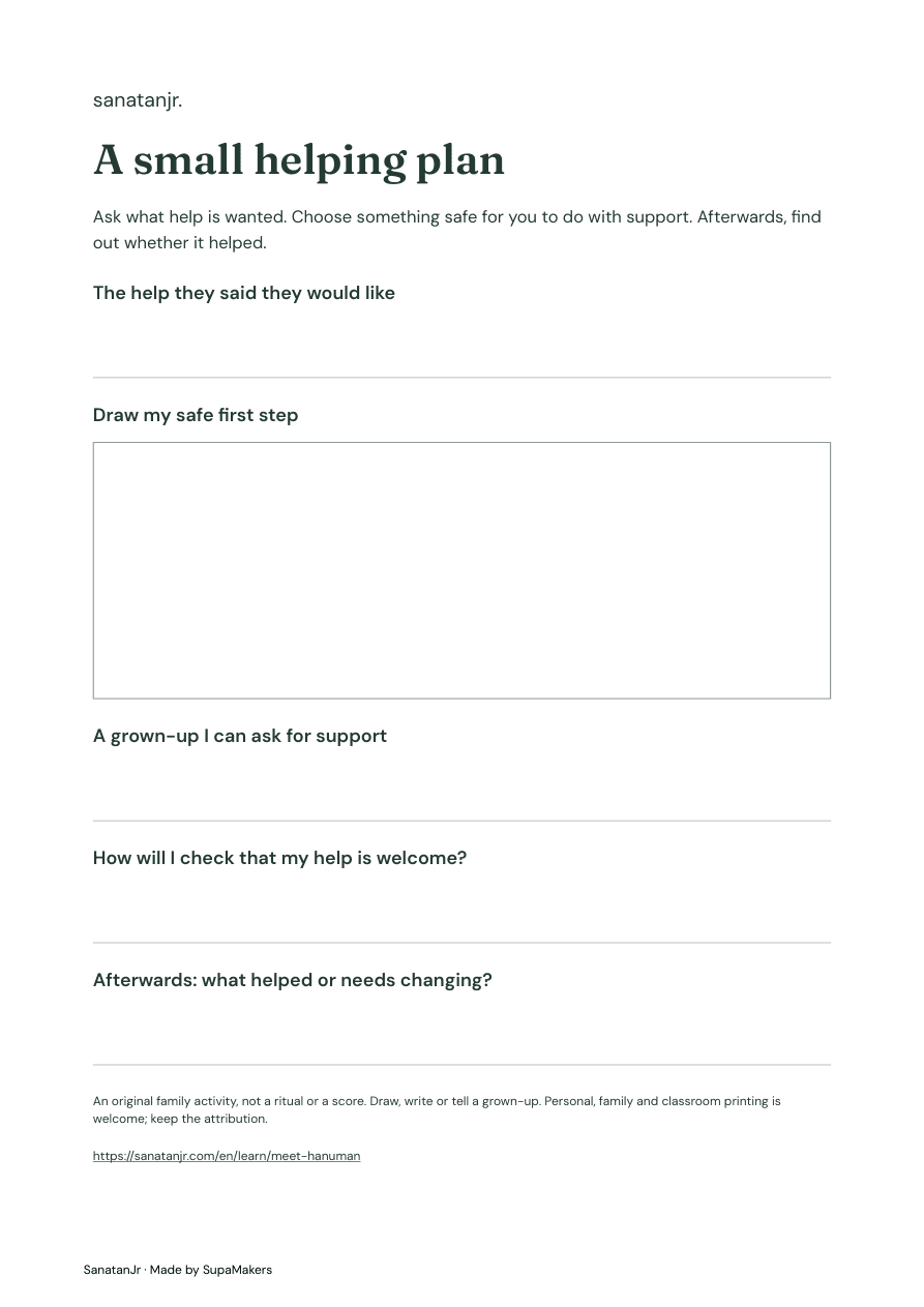 A helping-plan worksheet with a safe-step drawing space and questions about consent, support and what helped
