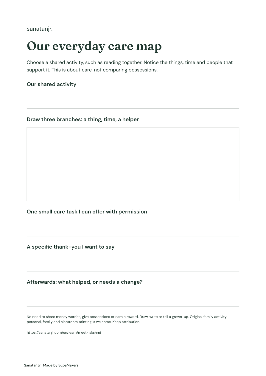 Care map worksheet with space for things, time, helpers and gratitude