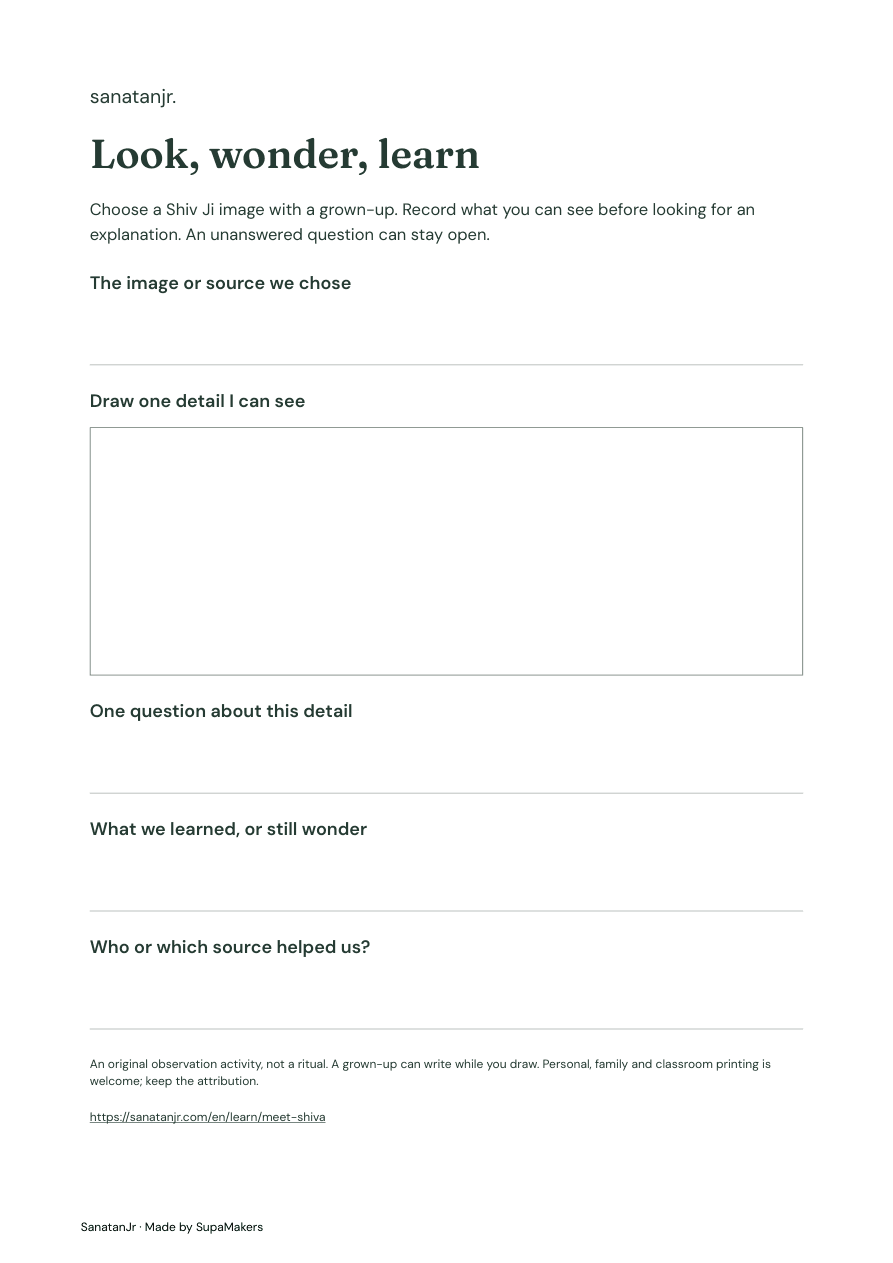 Observation worksheet with space for a sacred image detail, a question and its source