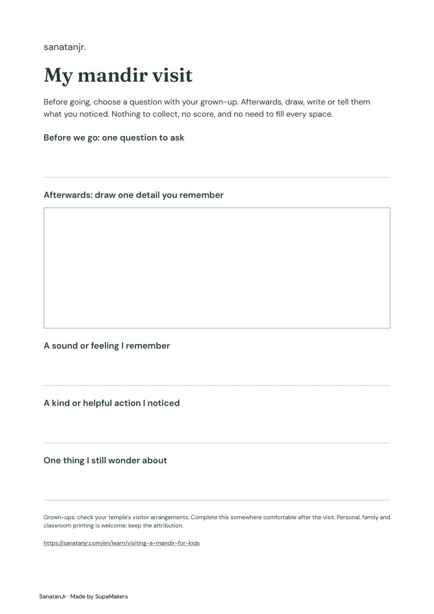Observation sheet with drawing space and prompts about a mandir visit
